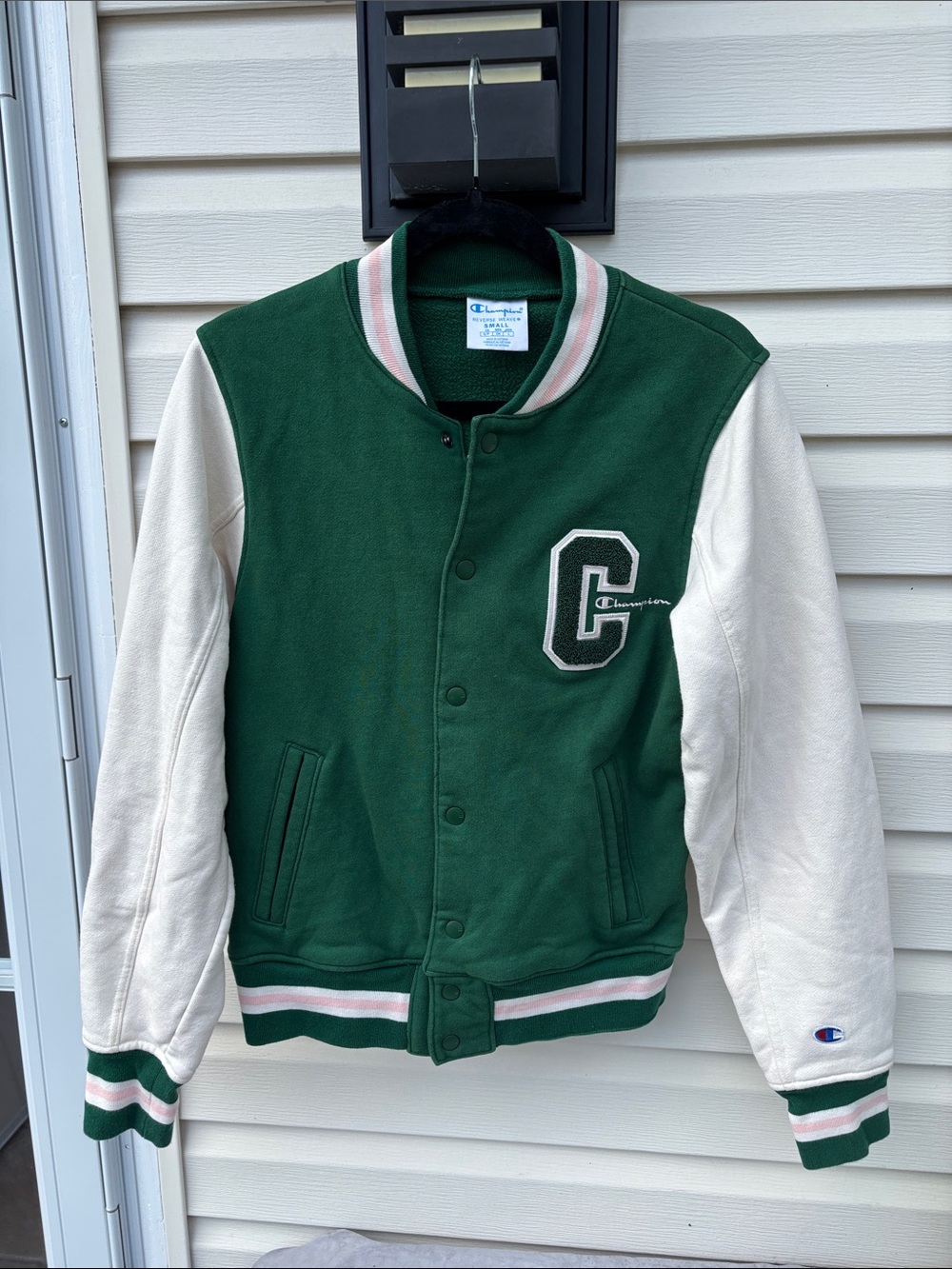 Champion Ladies Green Cream Varsity Bomber Jacket Pink Trim-S